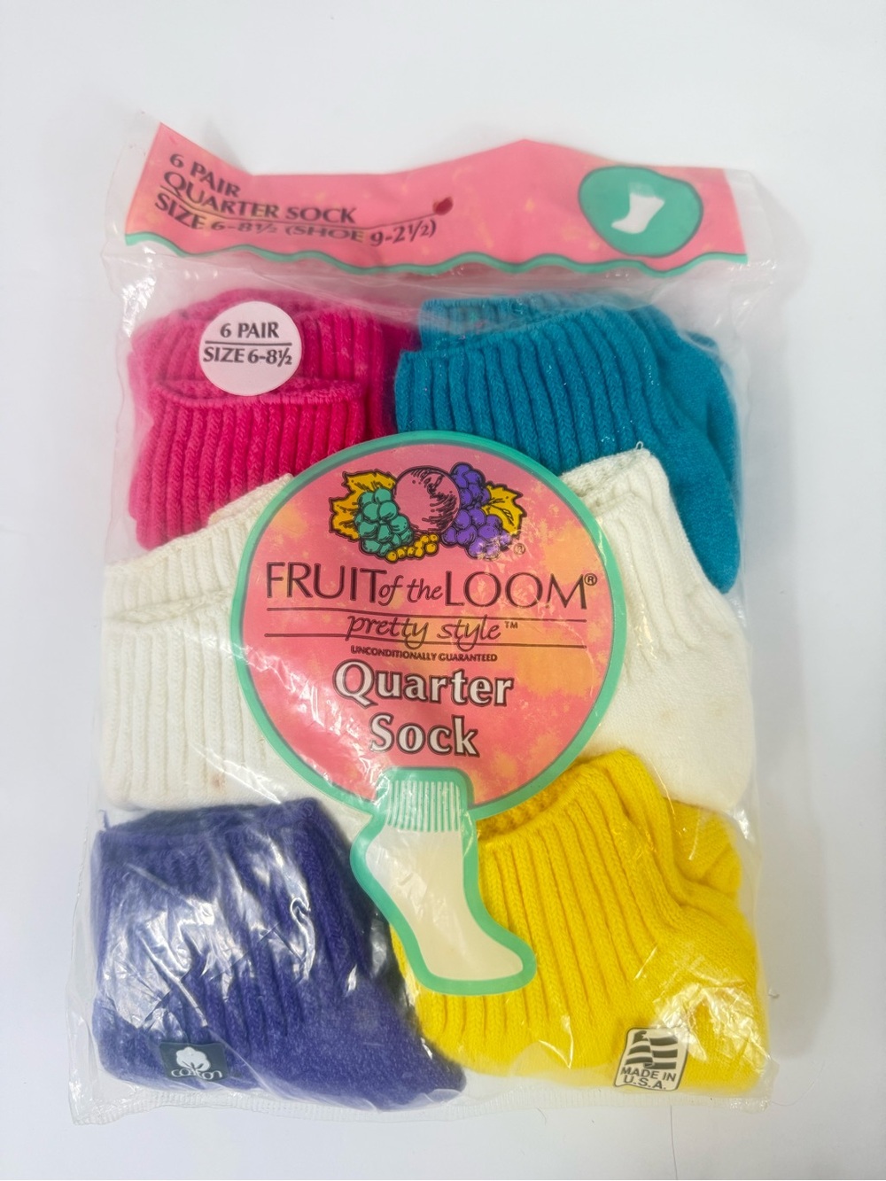 Vintage 1992 Fruit Of The Loom Ladies Quarter Socks 6 Pair Multicolor